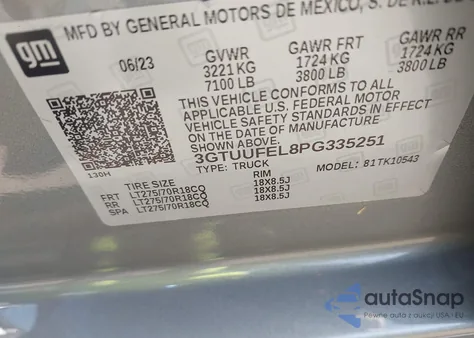 2023 GMC Sierra 1500 4Wd Short Box At4X z USA, uszkodzony, nr VIN 3GTUUFEL8PG335251